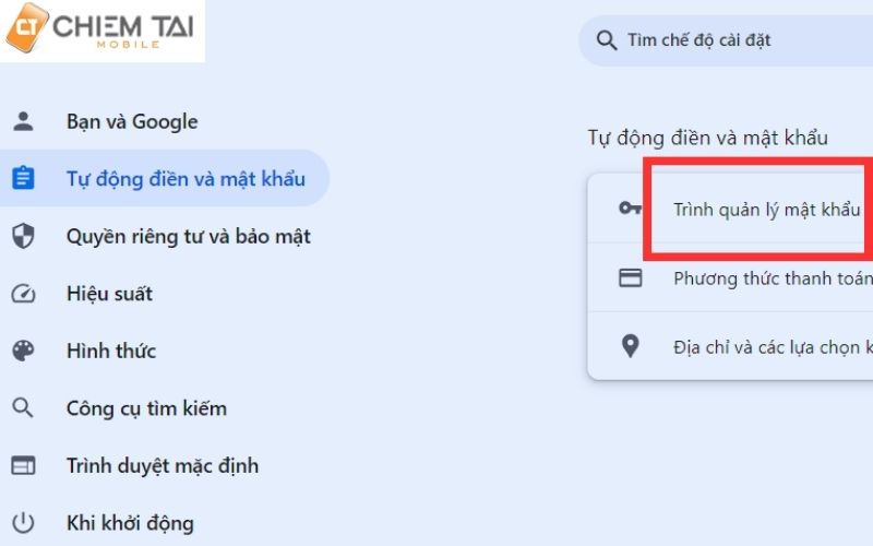 ấn vào trình quản lý mật khẩu