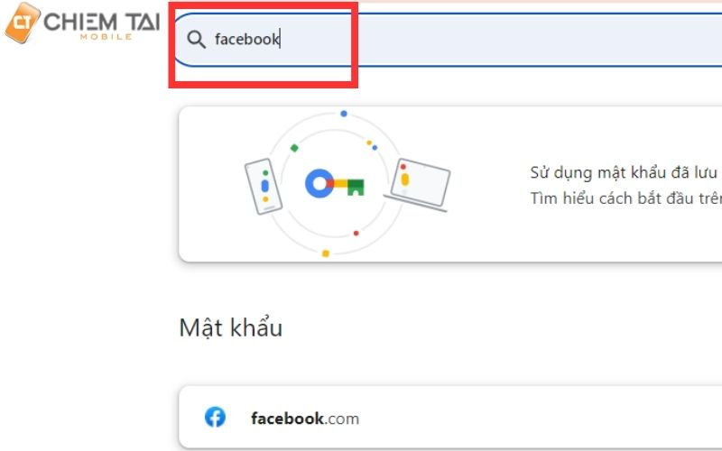 Gõ facebook ở thanh tìm kiếm trước mặt