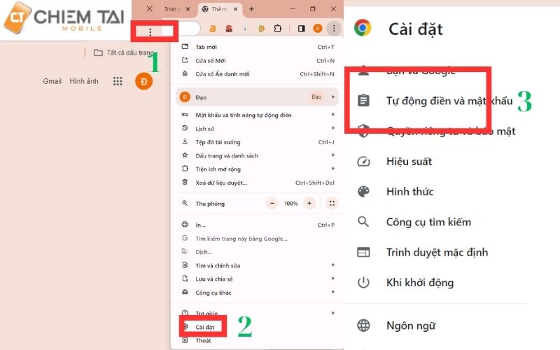 tại trình duyệt chrome chọn dấu ba chấm bên góc phải ở trên => ấn vào cài đặt => chọn tự động diền và mật khẩu