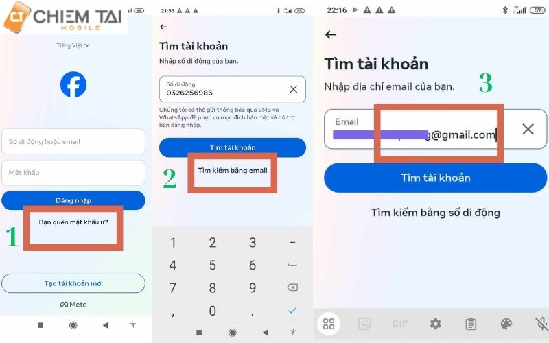 Vào app Facebook ấn quên mật khẩu rồi chọn tìm kiếm bằng email => điền gmail