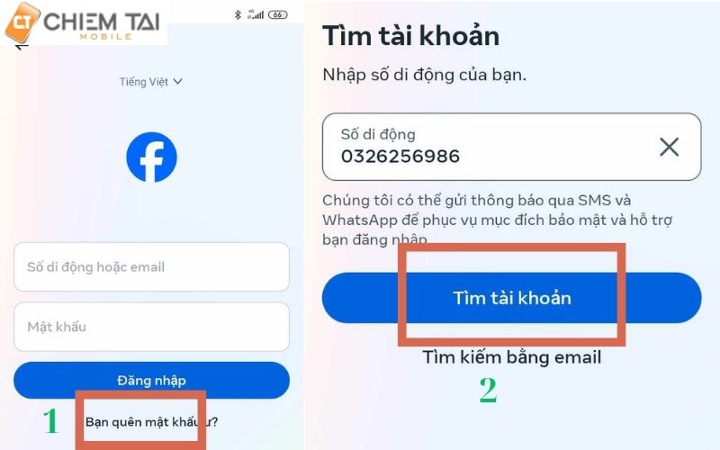 vào app Facebook rồi chọn bạn quên mật khẩu => điền số điện thoại => tìm tài khoản