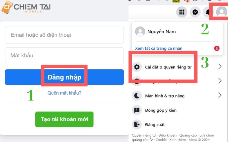 Ấn đăng nhập vào Facebook rồi chọn ảnh đại diện => Click cài đặt và quyền riêng tư