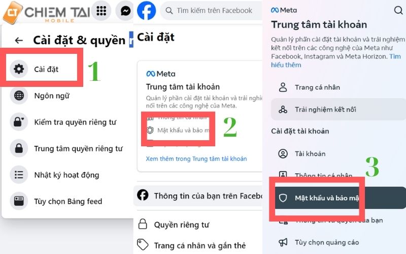 Chọn cài đặt sau đó ấn vào mật khẩu và bảo mật => ấn mật khẩu và bảo mật tại mục cài đặt tài khoản