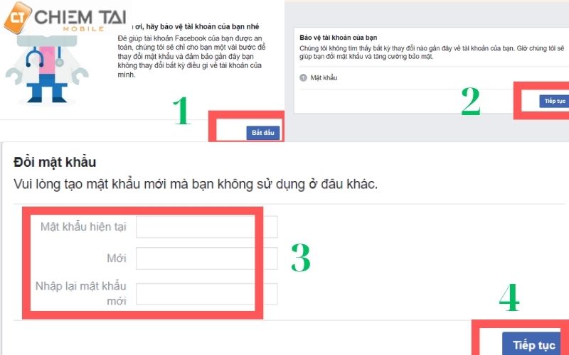 chọn bắt đầu sau đó ấn tiếp tục => điền mật khẩu hiện tại và mật khẩu mới để hoàn tất