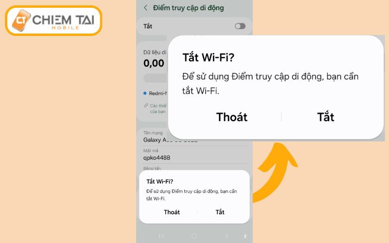 Điện thoại Samsung yêu cầu tắt chế độ kết nối WiFi trước khi phát WiFi cho người khác