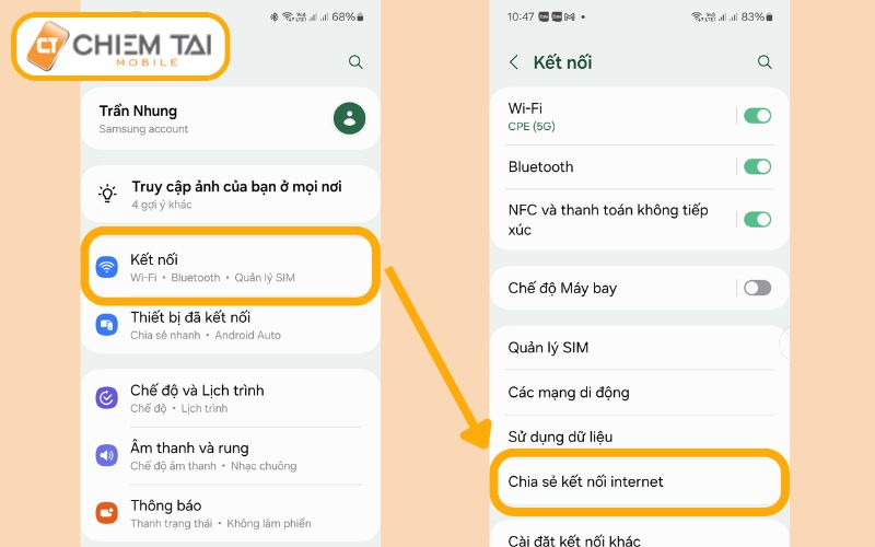 Vào Cài đặt chia sẻ kết nối Internet trên điện thoại Samsung