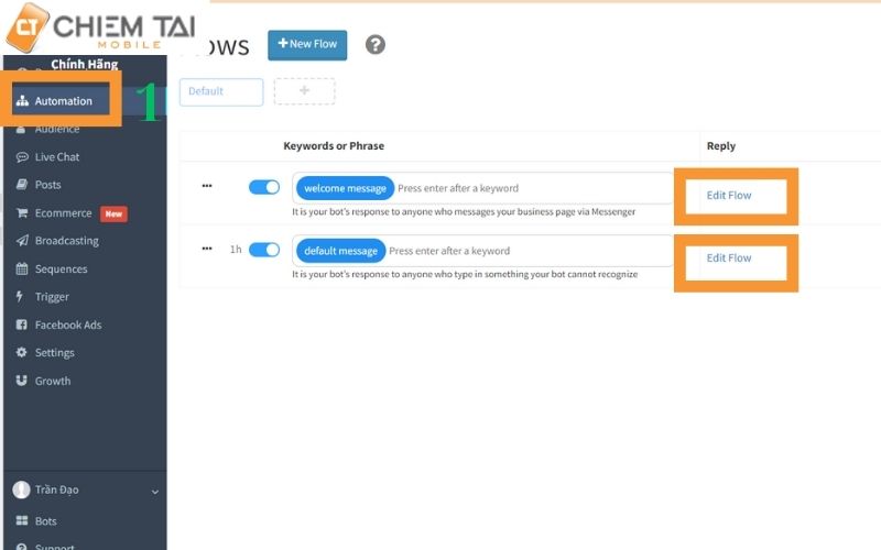 ấn automation rồi chọn Edit flow