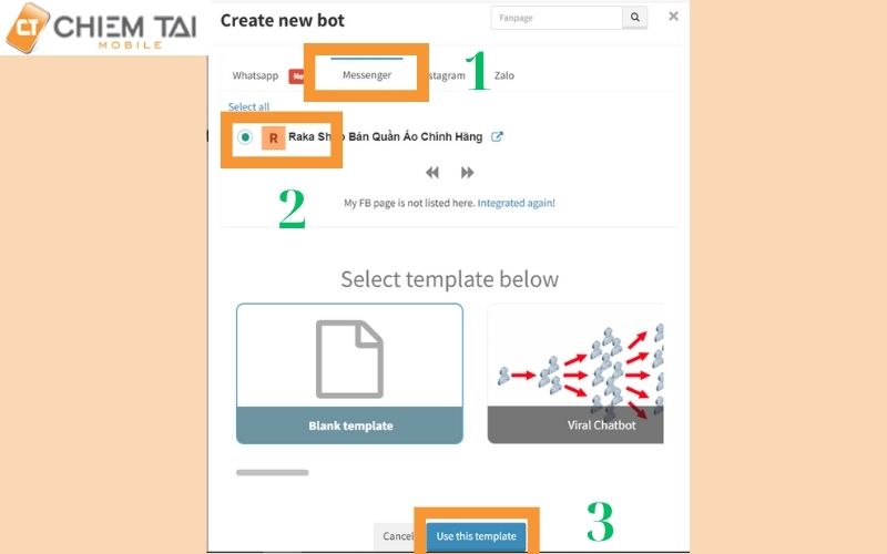 chọn nền tảng bạn muốn tạo, nếu là messenger thì sau đó hãy chọn Fanpage rồi chọn mẫu teamplate