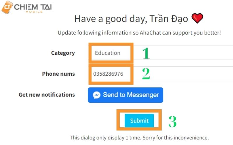 Điền đúng lĩnh vực và số điện thoại của bạn => Ấn submit