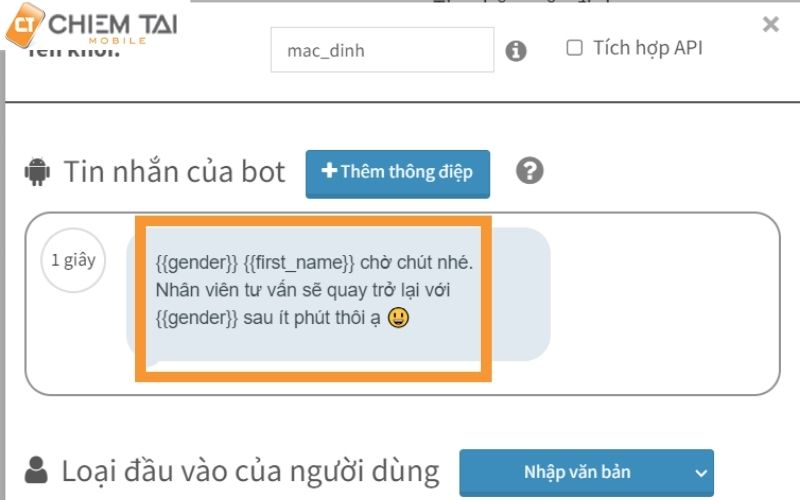 Điều chỉnh nội dung gửi đến khách hàng tại mục tin nhắn của bot