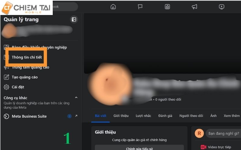 Vào trang Fanpage chính rồi chọn thông tin chi tiết bên góc trái màn hình