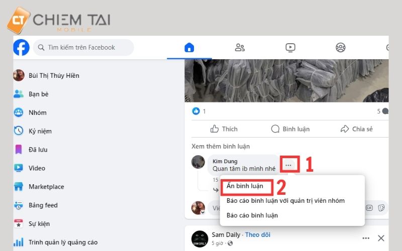 Vào Fanpage chọn 3 dấu gạch ngang nhấn Ẩn bình luận