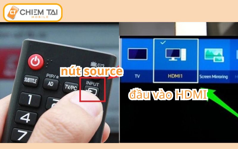 ấn nút source hoặc input trên remote tivi và chọn đầu vào phù hợp