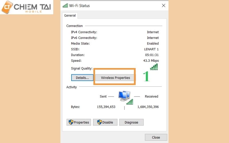 Chọn wireless properties để xem mật khẩu wifi