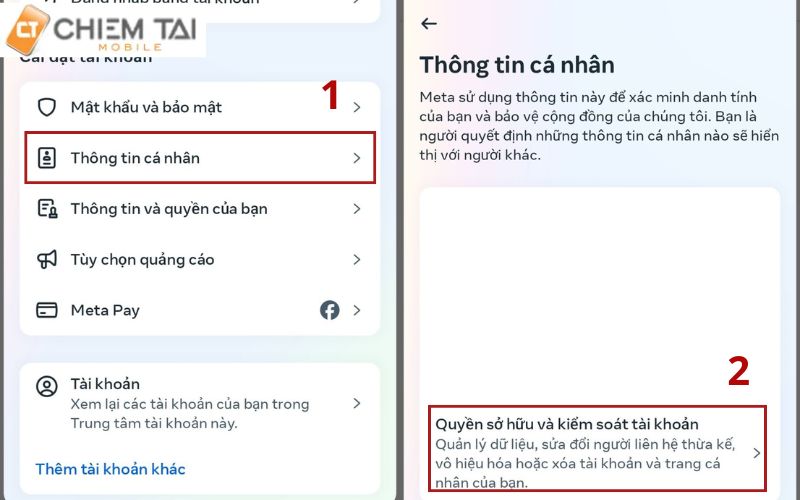 Chọn vào mục thông tin cá nhân và nhấn vào quyền sở hữu và kiểm soát