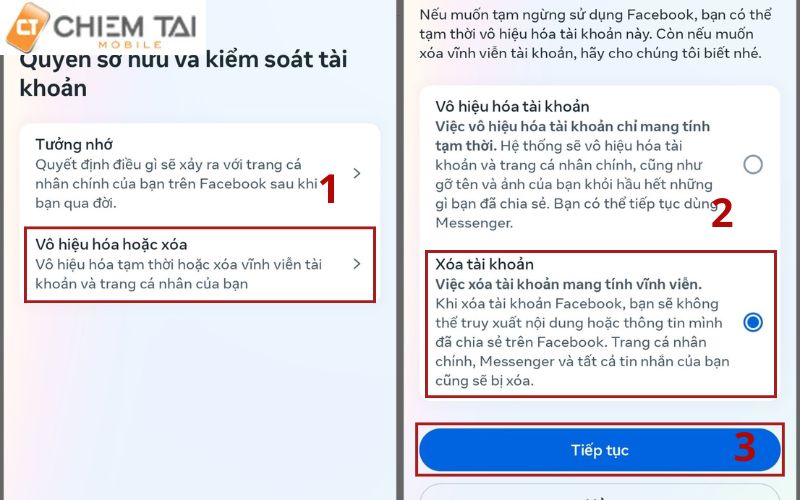 Chọn vào ô Xóa tài khoản và nhấn tiếp tục để hoàn thành cách xóa tài khoản Facebook