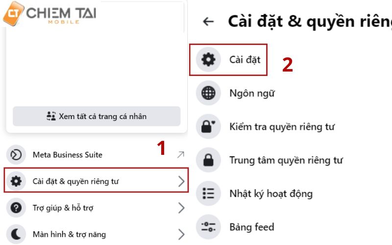 Thực hiện vào cài đặt để đến với mục tiếp theo để xóa tài khoản