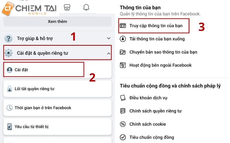 Chọn vào Cài đặt & quyền riêng tư rồi đến truy cập thông tin của bạn