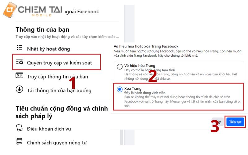 vao quyen truy cap va kiem soat de xoa trang fanpage