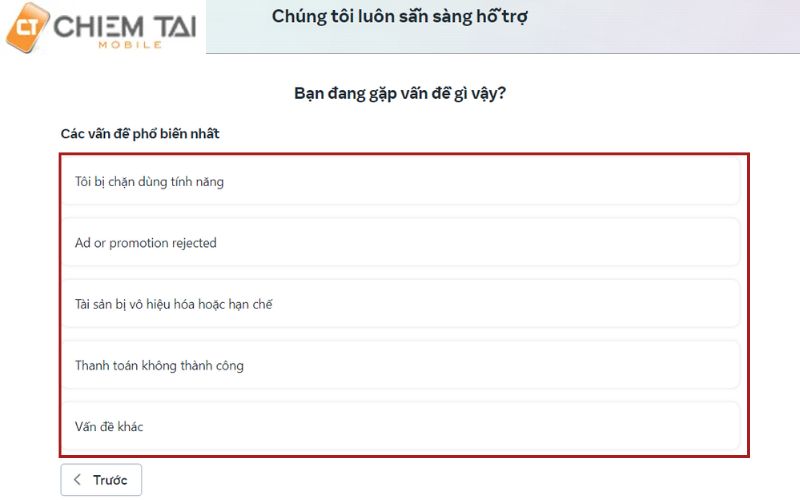 Chọn vấn đề muốn hỗ trợ