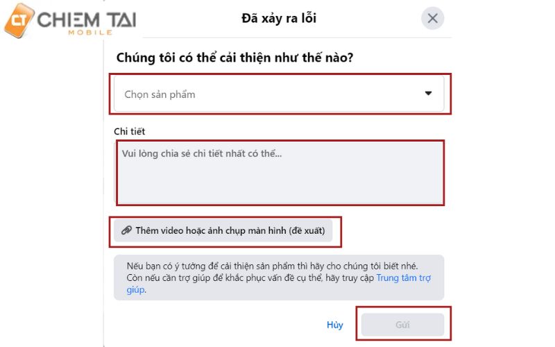 Điền những thông mà bạn cần gửi hỗ trợ đến support Facebook