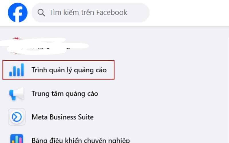 vào trình quản lý quảng cáo