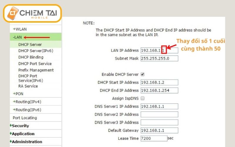 thay đổi địa chỉ IP mặc định của modem wifi sang 1 dải khác