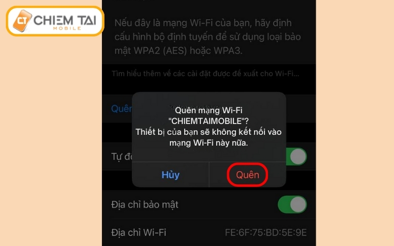 Tiếp tục, nhấn vào xác nhận Quên (Xóa) và thử truy cập lại vào WiFi.