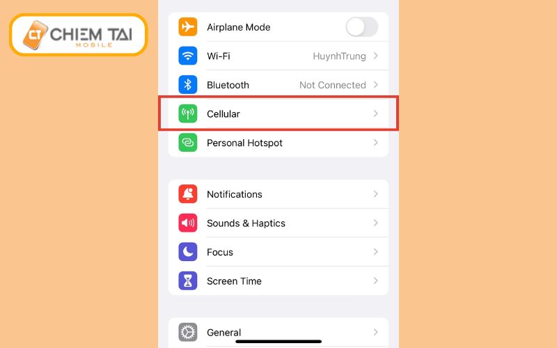 truy cap vao phan cai dat settings tren dien thoai chon mang di dong cellular