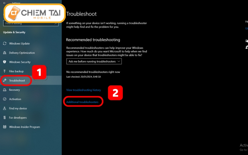 Bước 2: Chọn vào mục Troubleshoot >> Nhấp vào phần Additional troubleshooters.