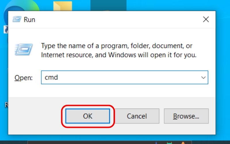 Bước 1: Tiếp tục bấm tổ hợp phím Windows + R >> Gõ câu lệnh cmd ở hộp thoại Run  >> Nhấp chọn OK.