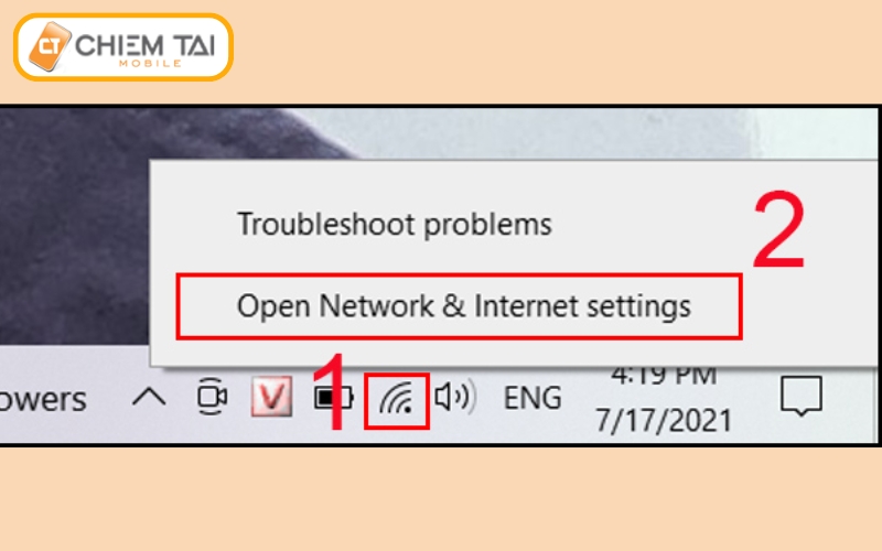 Bấm chuột phải vào biểu tượng Mạng nằm ở dưới bên phải thanh công cụ  > Nhấp vào phần Open Network & Internet Settings.