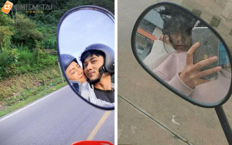 Tạo dáng chụp ảnh với gương xe máy khi chụp hình