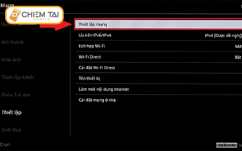 Bước 4: Sau đó chọn vào “Thiết lập mạng"