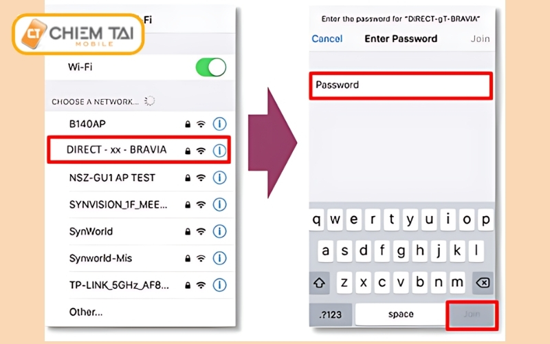 Bước 3: Chạm vào tên thiết bị trên màn hình iPhone và nhập mã WPA hiển thị trên TV để kết nối. 