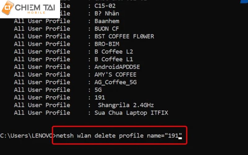 Gõ "netsh wlan delete profile name="Tên_wifi" để có thể xóa wifi 