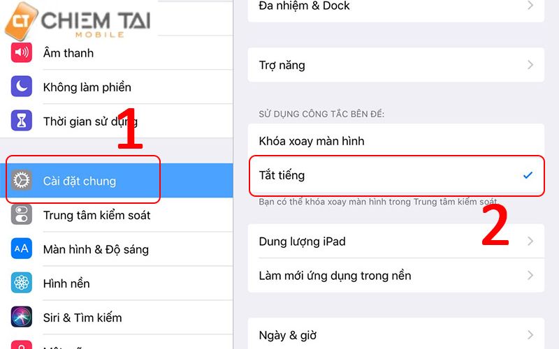 chon cai dat chung o ipad qua control center