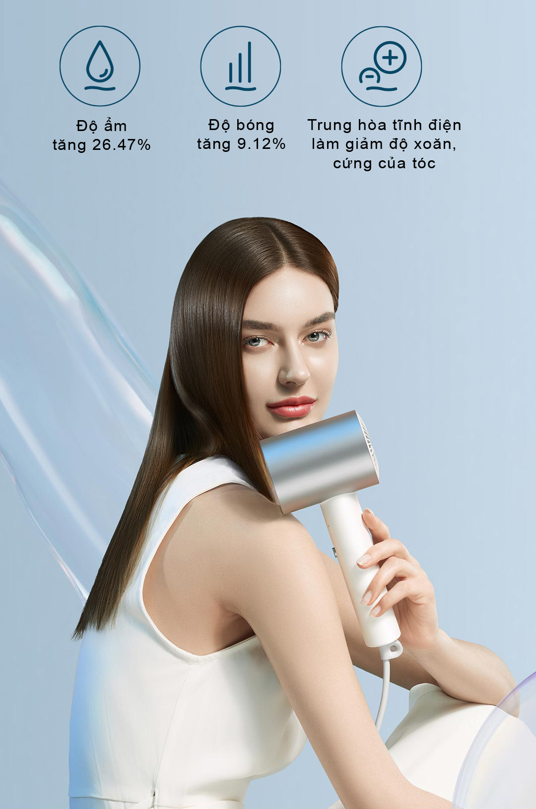 Máy sấy tóc ion Xiaomi H500 là chiếc máy có khả năng dưỡng ẩm hiệu quả cho tóc, giảm chẻ ngọn và hạn chế xơ rối
