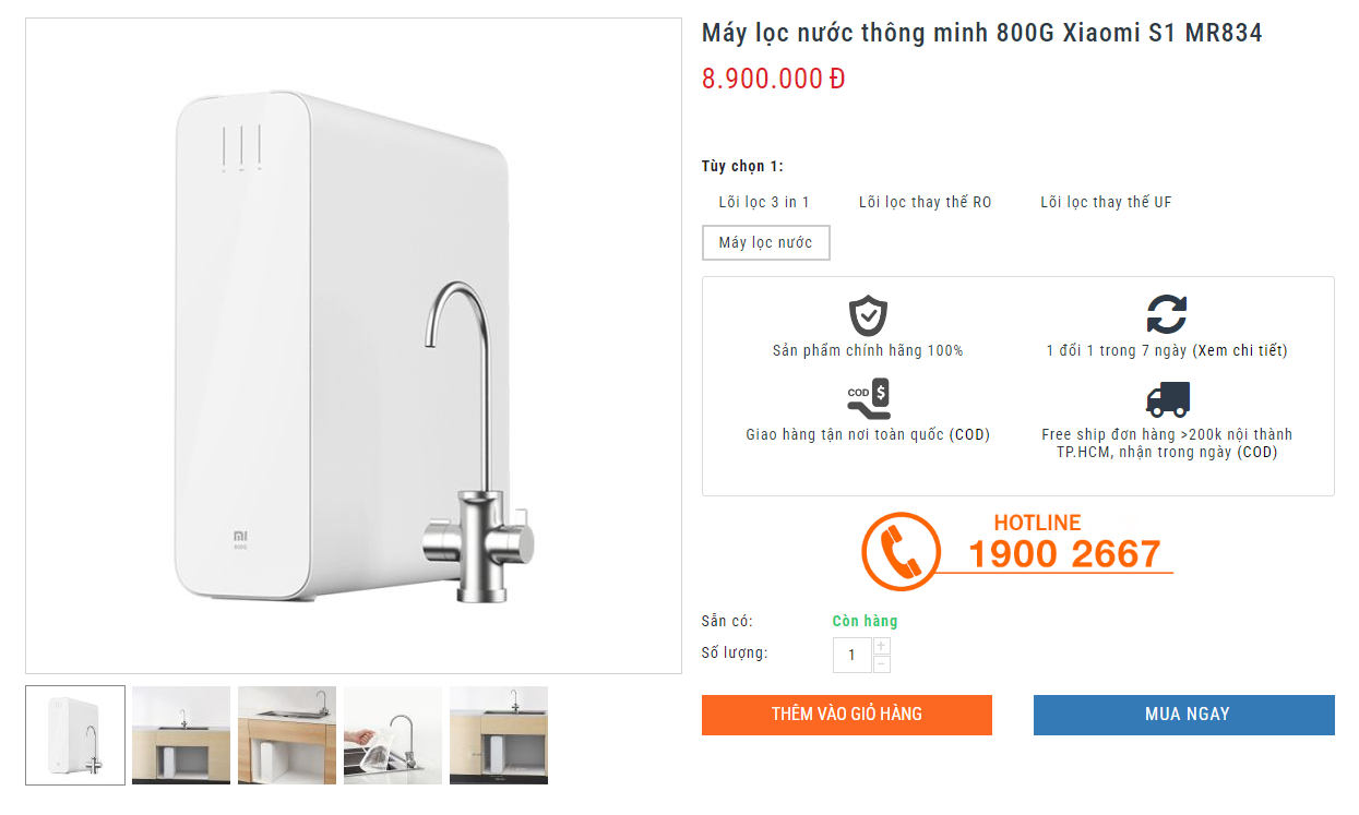 Máy lọc nước thông minh 800G Xiaomi S1 MR834