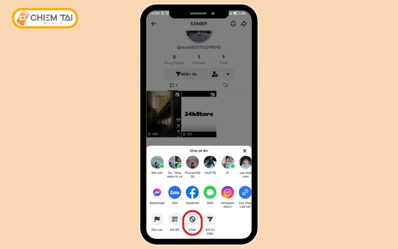 Chọn vào phần “Chặn” tài khoản TikTok