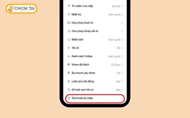 Chọn vào mục “Tài khoản bị chặn”