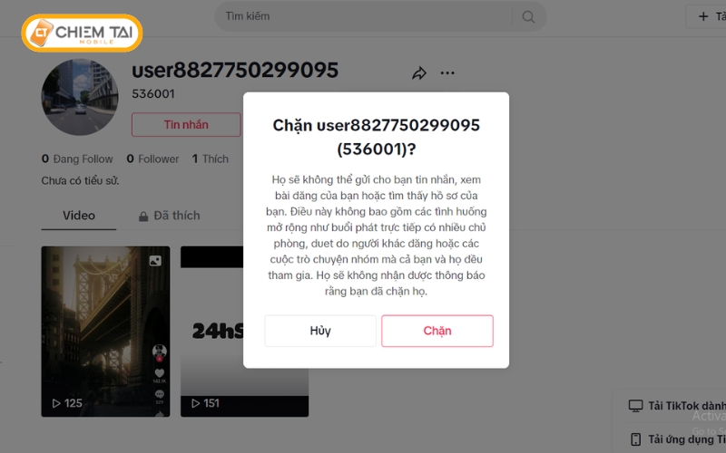 Xác nhận chặn tài khoản TikTok trên máy tính